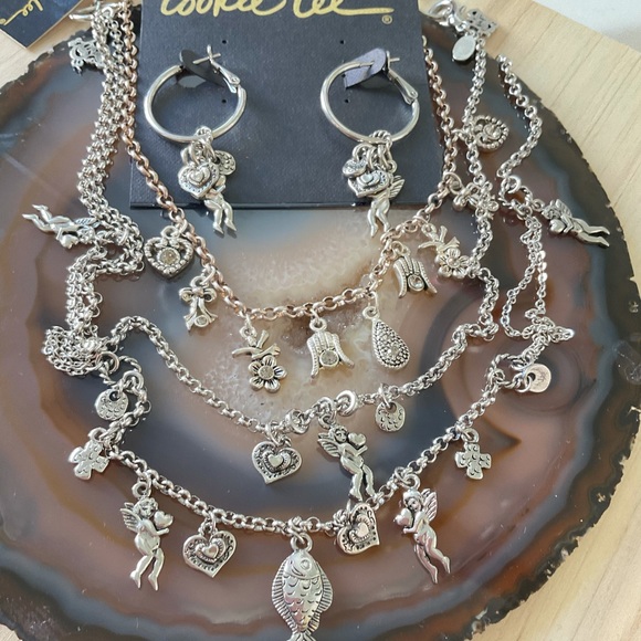 NWT cookie Lee silver cherub heart charm hoop earrings long necklace set lot 3 - Picture 7 of 7